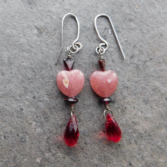 Rhodochrosite Hearts Garnet Gemstone Swarovski® Crystal Earrings by Konnie K - Picture 5 of 8
